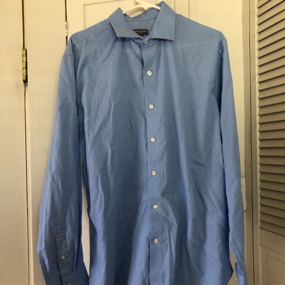 Pinstriped Blue Button Down Long Sleeve Striped Dress Shirt Size L
